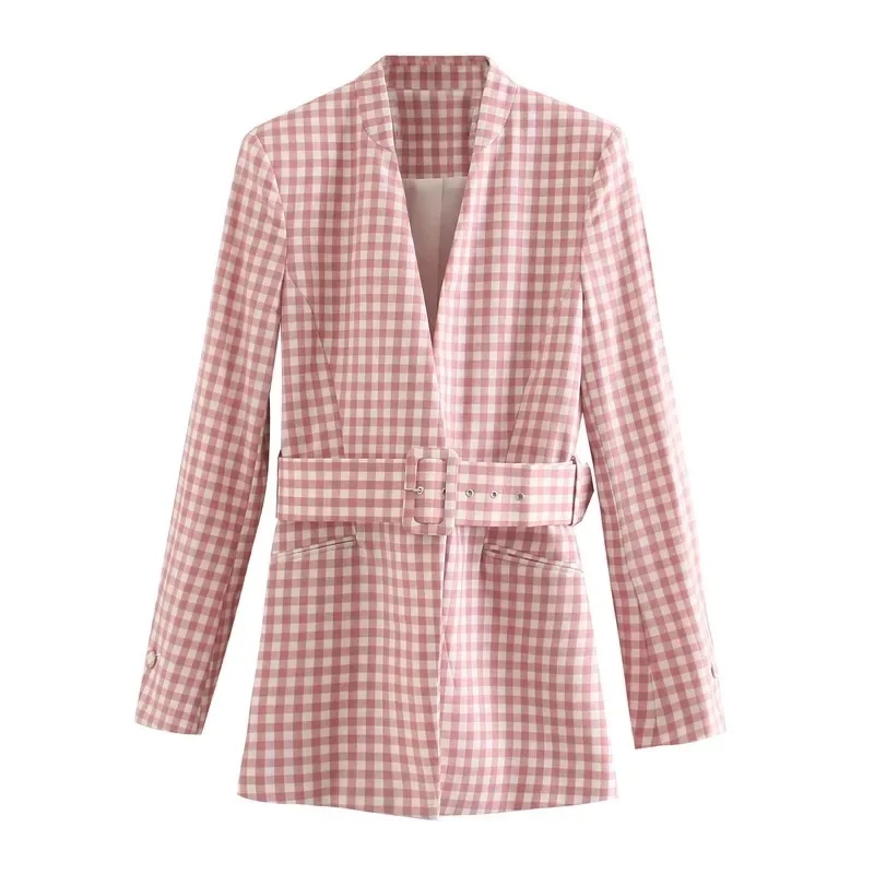 Blazer à carreaux rose doux avec ceintures pour femme, blazer à manches longues, décontracté, imbibé, nouveau, mode chic, printemps, automne, 2023