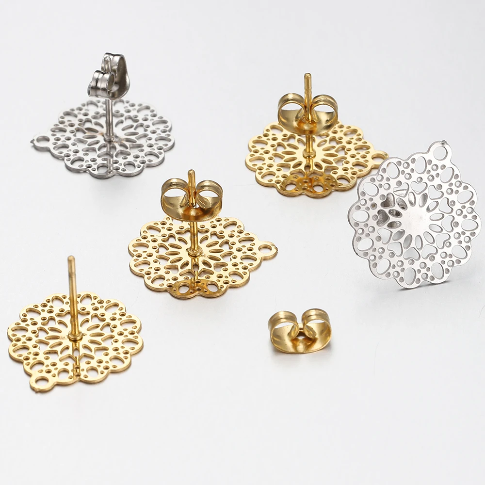 10pcs Stainless Steel Flower Ear Studs Hollowed Out Earring Base with Earplug for Earrings Jewelry Making DIY Findings Accessory
