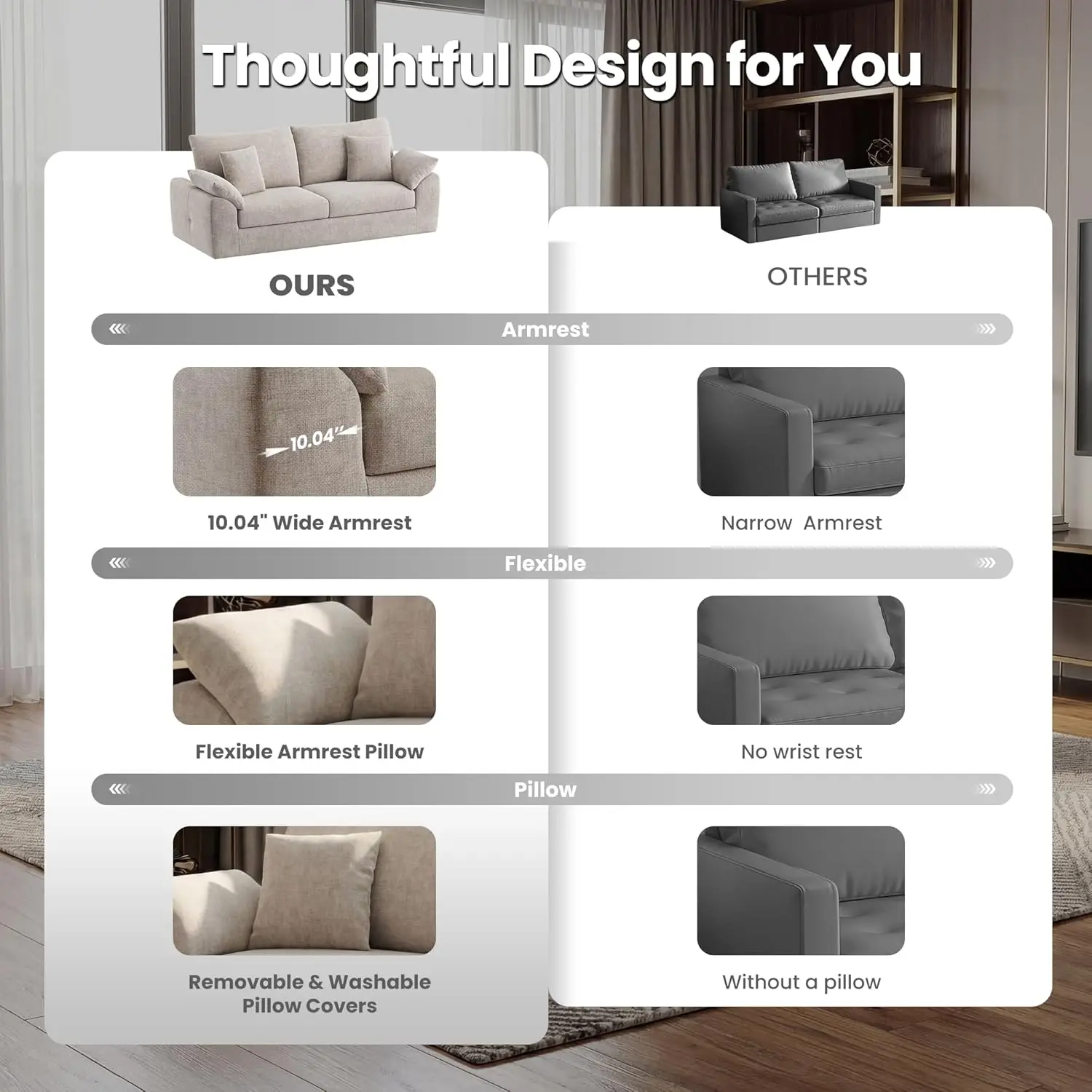 Modern Loveseat Sofa Mid Century Cloud Boneless 4 Pillows Small Living Room 89.8" No Assembly Camel Custom image 5