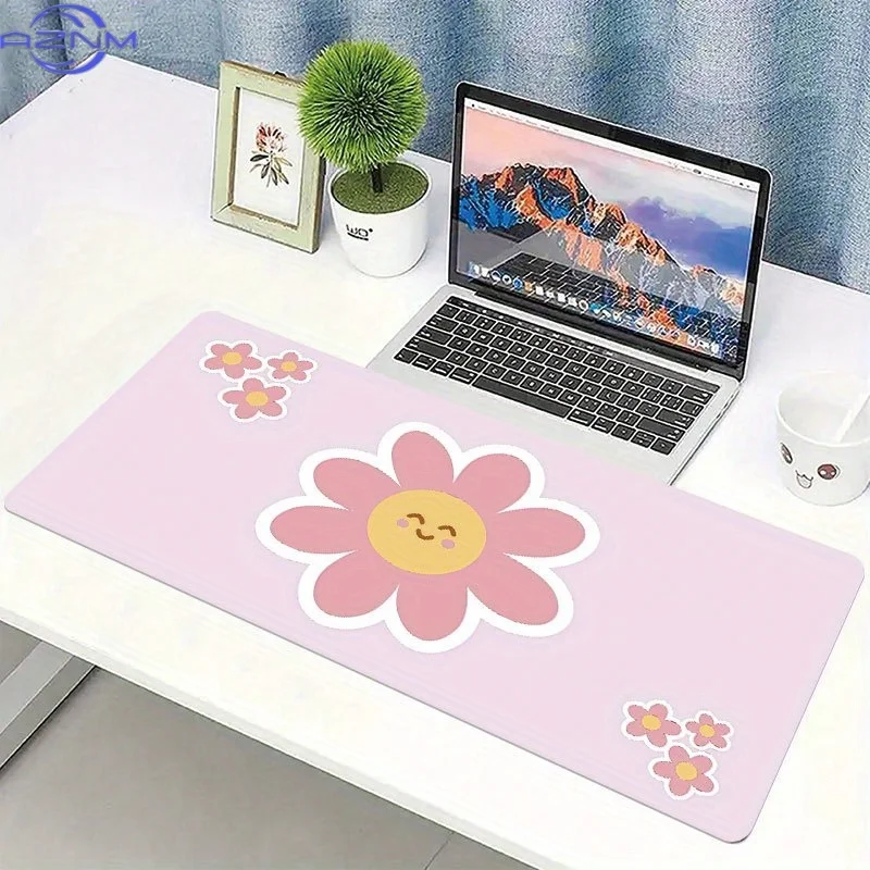 Cute Pink Daisy Mouse Pad  cm Non-Slip Extended Keyboard Mat with Smiling Flower Design, Precision Sewn Edges & Smooth Surface -