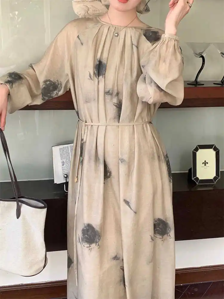 

Clothland Women Chic Print Midi Dress Long Sleeve Sashes One Piece Vintage Female Korean Style Fashion Mid Calf Dresses QD949