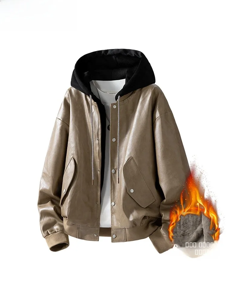 

Retro American Sle Men's Fce Lined Thiened Leather Jaet Hooded Motorcycle Coat Faionable Autumn Winter Outerwear