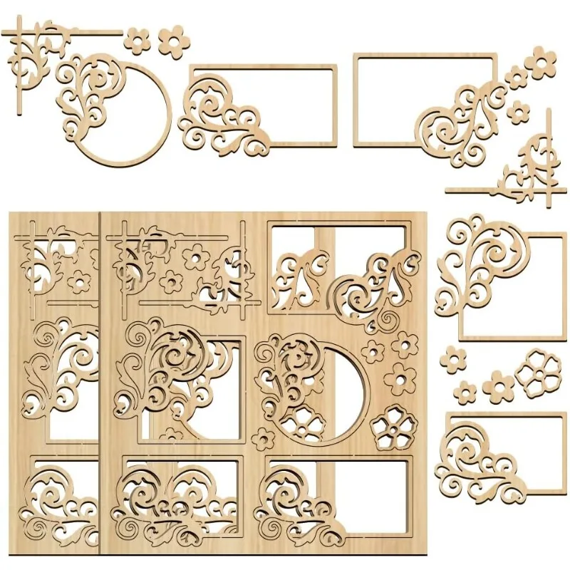 2Pcs 5.7x6inch Wood Floral Chipboard Embellishment Swirl Frames Laser Cut Embellishments for Card Making and Scrapbooking 2mm