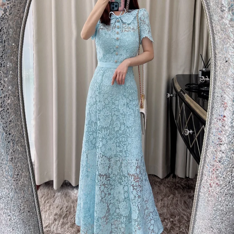 2023 autumn new women's green elegant dress short-sleeved lace hollow elegant evening birthday party maxi dress for women