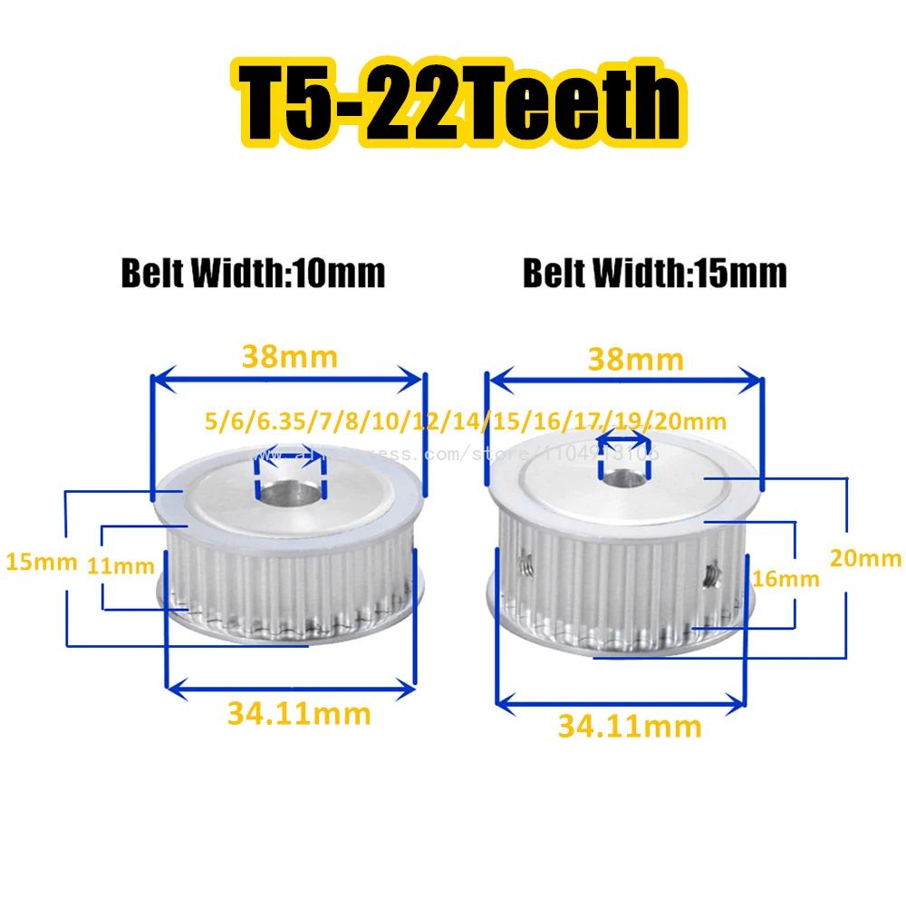 22Teeth T5 Alloy Wheel Pulley Bore 5/6/6.35/7/8/10/12/14/15/16/17/18/19/20mm Aluminium Timing Pulleys for T5 Belt Width 10/15mm