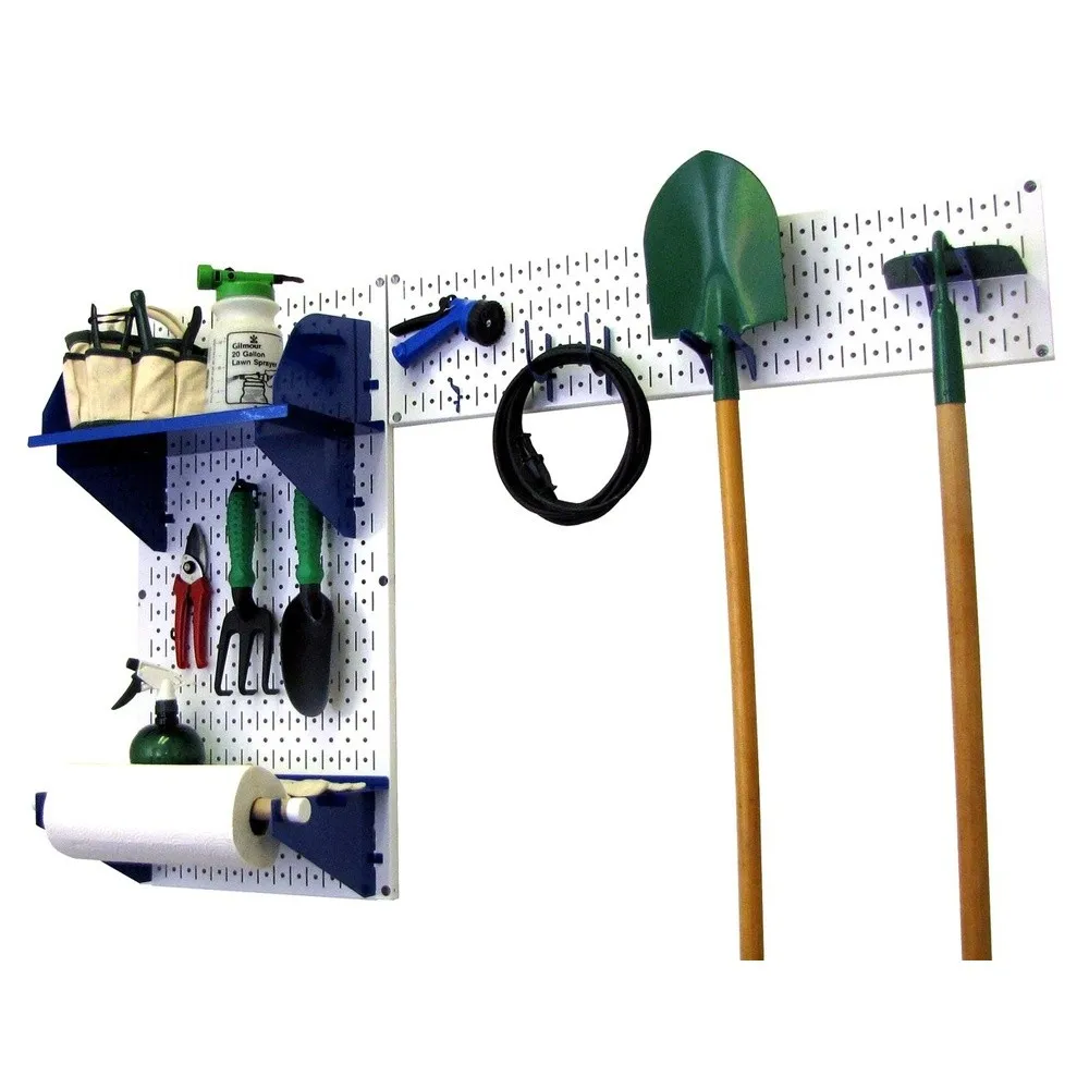 Pegboard Garden Supplies Storage and Organization Garden Tool Organizer Kit with White Pegboard and Blue Accessories