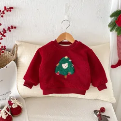 Baby Girls Winter Hoodies Stylish Christmas Tree Plush 2024 New Thick Warm Infants Girls Pullovers Toddler Girls Hairy Tops