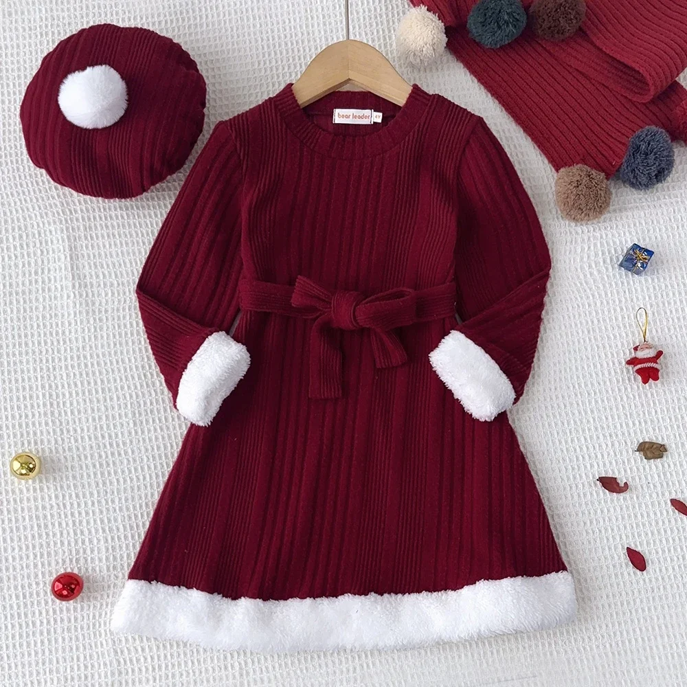 Children's Christmas Dress 2024 Wine Red Pit Strip Splicing New Year's Dress+ Plush Ball Hat 2PCS Girls' Party Evening Dress Set