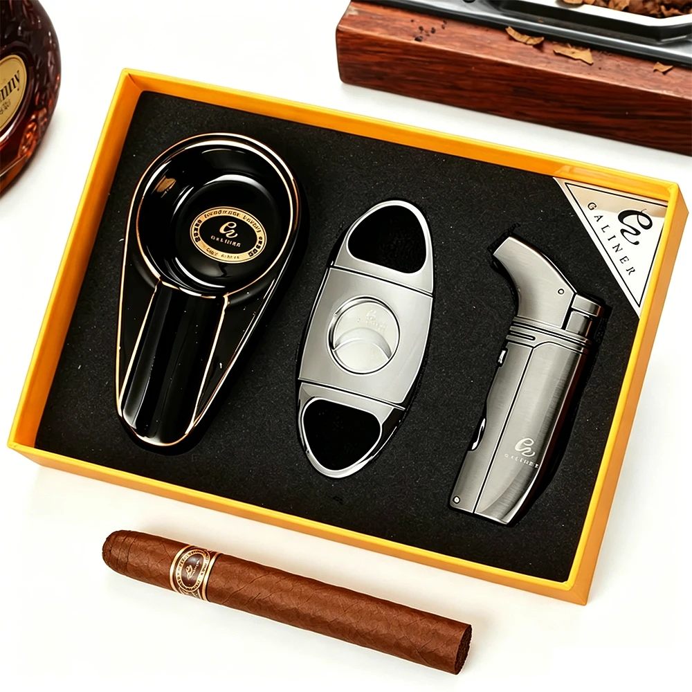 GALINER-Juego de accesorios para cigarros de viaje, encendedor de Gas butano de Metal, cortador de cigarros, Guillotina de tabaco, ceniceros de cerámica para el hogar