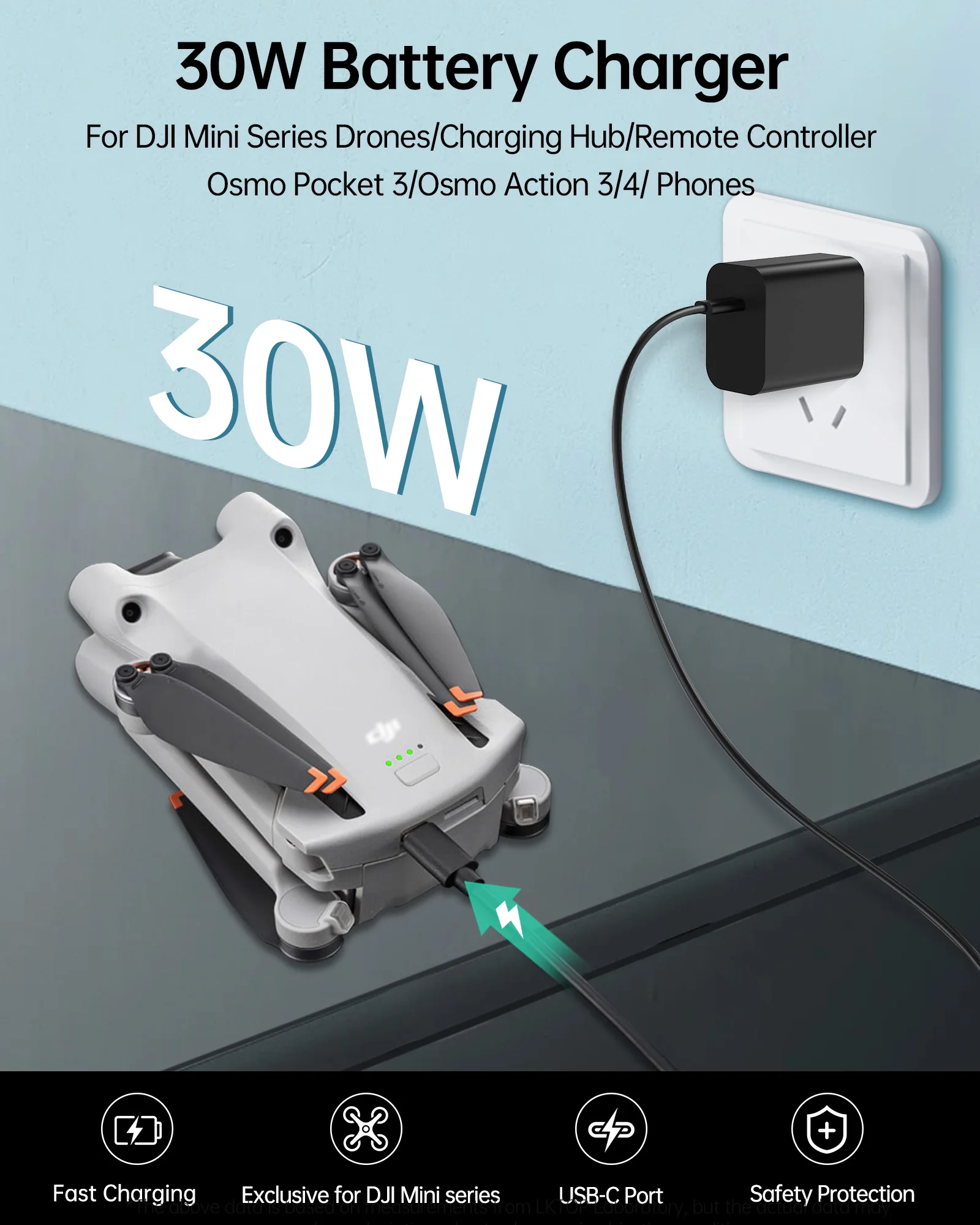 30W Fast USB-C Charger: Fast USB-C for DJI Neo/Avata/Mini Drones, Osmo Cameras, Mic Mini, HOVERAir X1, Mini 4/3/2/4K Hub