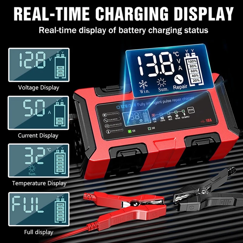 10A 12V/24V Smart Car Battery Charger Maintainer Electric Motorcycles Charger for Lead-Acid GEL Batteries EU Plug-ELEC