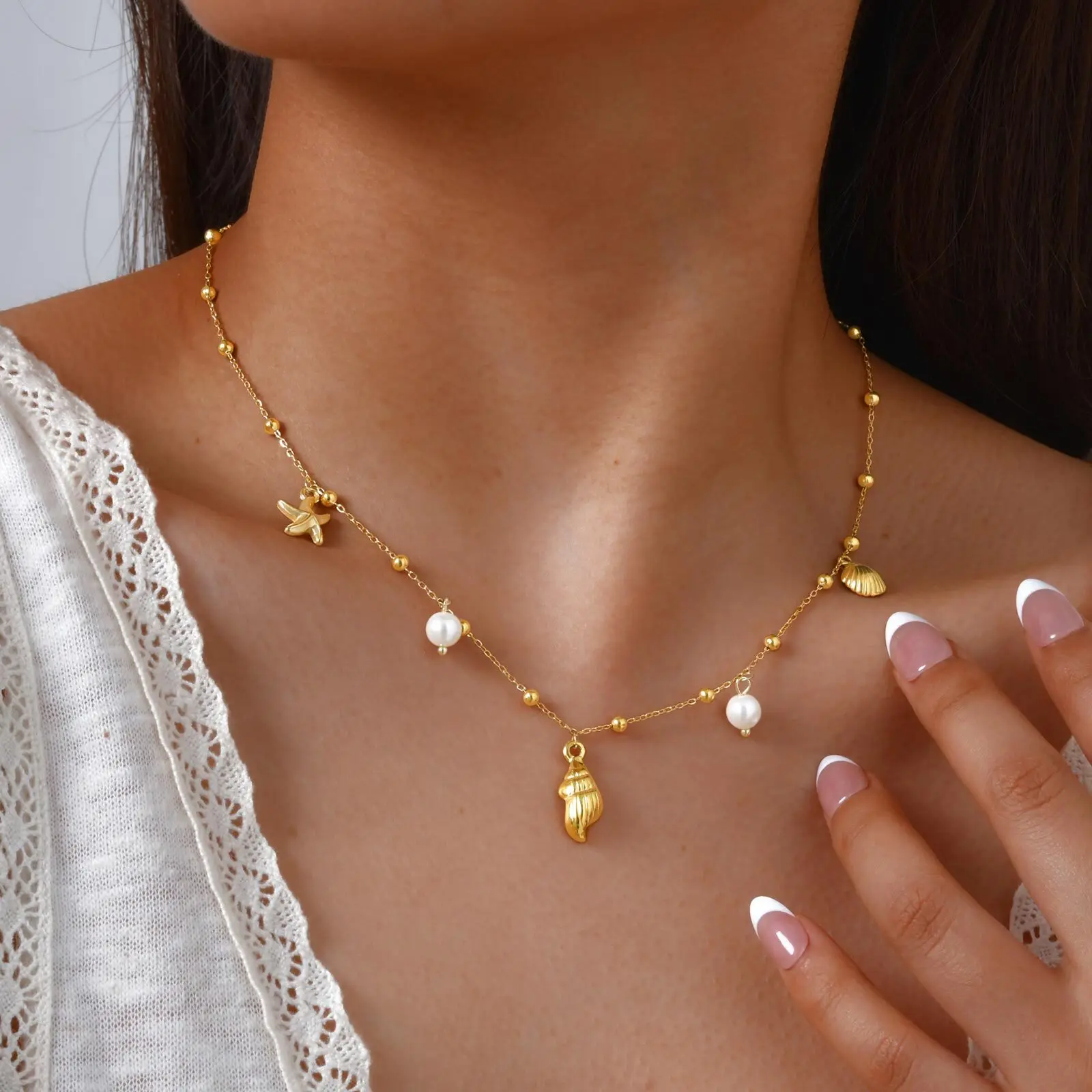 

Charms Necklace for Women,18k Gold Plated Pearl Shell Conch Starfish Summer Beach Necklace, Stainless Steel Waterproof Jewelry