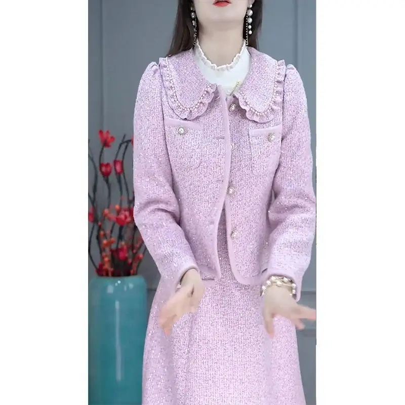 Small fragrant style elegant and sweet single breasted jacket+slim fit half skirt temperament high-end two-piece set