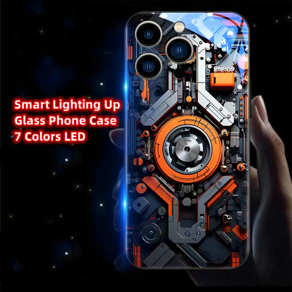 

Mechanical Slide Smart LED Light Glowing Tempered Glass Phone Case For iPhone 15 14 13 12 11 Pro Max XR XS Plus 6 7 8 SE2020