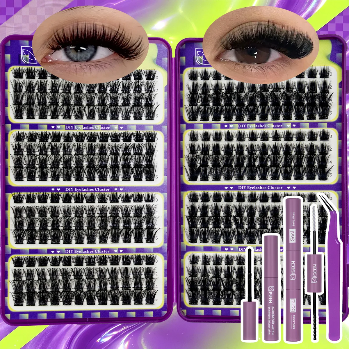 Wimpernbüschel-Set, Einzelwimpern-Verlängerungsset, Wispy Wimpernbüschel mit Wimpernkleber und Versiegelungsmittel sowie Pinzetten, verschiedene Stile – Detail 6