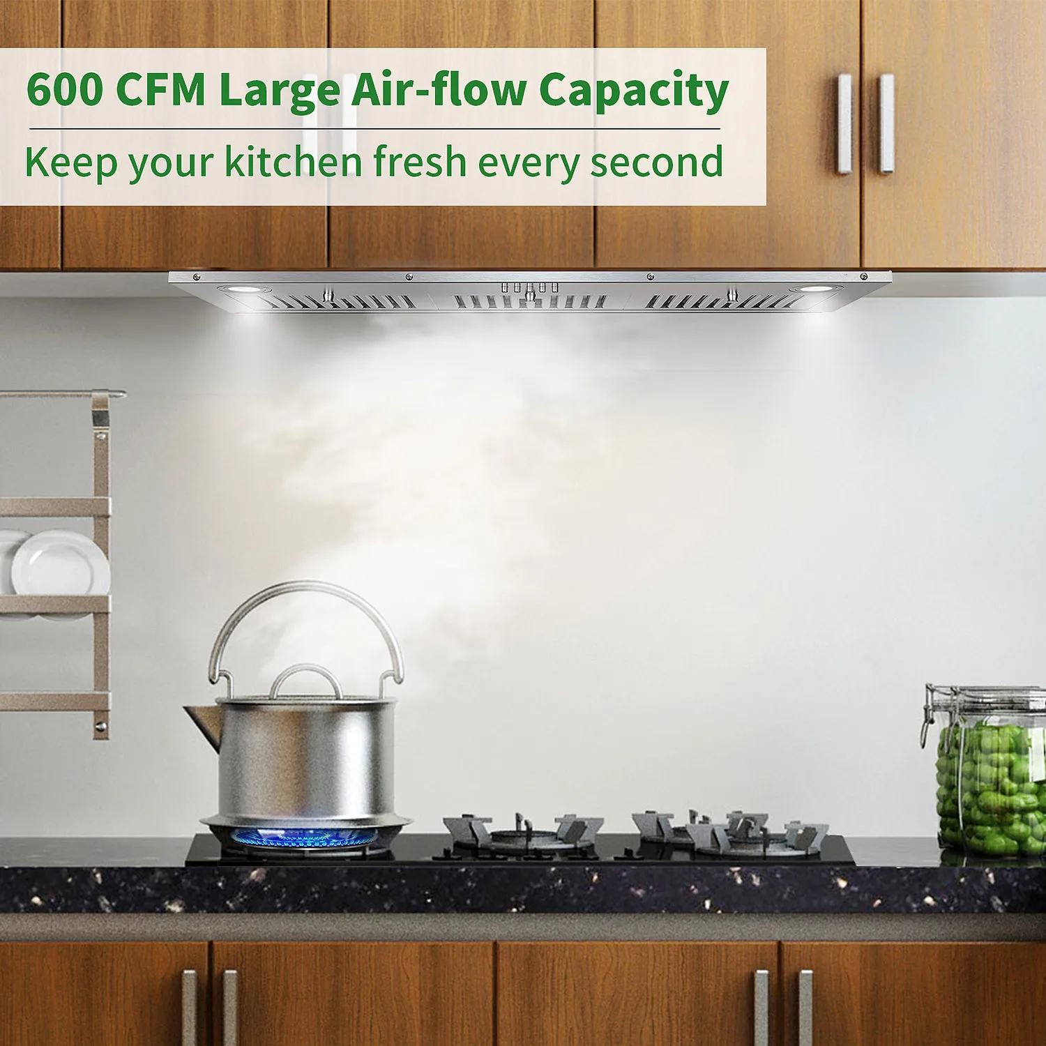 36" Stainless Built-In Range Hood 600CFM | Convertible Ducted/Ductless, Split Baffle Grease Filter & Dual LED Lighting