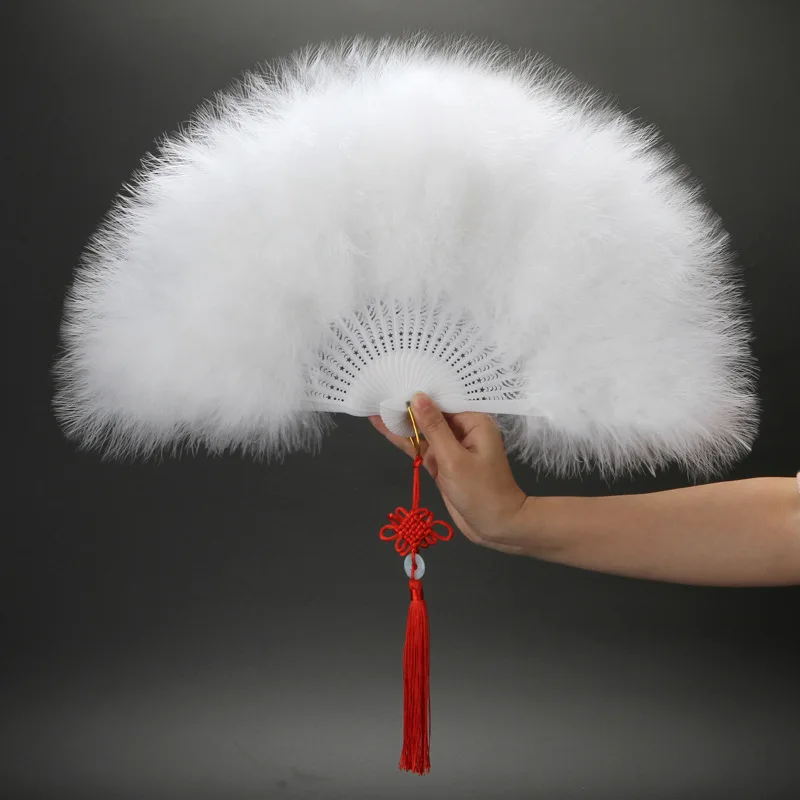 1Pc Chinese Style Feather Folding Fans with Tassel Pendant Fluffy Dance Fan Wedding Party Gifts Cosplay Prop Decoration Crafts