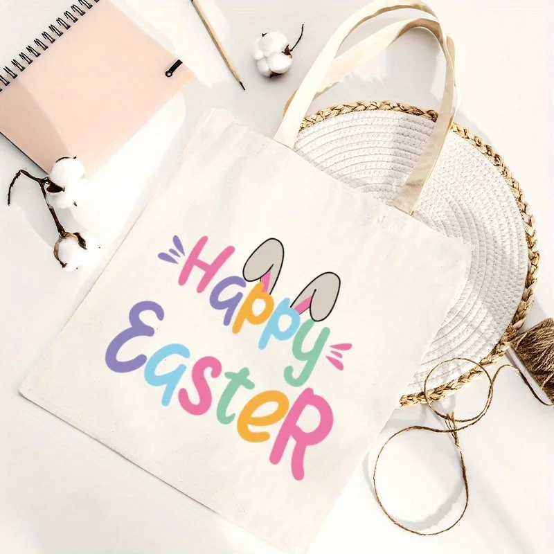 Interesting Easter Tote Bags with a Stylish Design and Printed with Easter Bunny Motifs. This Durable Canvas Bag Is Perfect for Outdoor Activities Such as Picnics, Parties, Travel, and Shopping, Providing Plenty of Space to Accommodate Your Belongings.