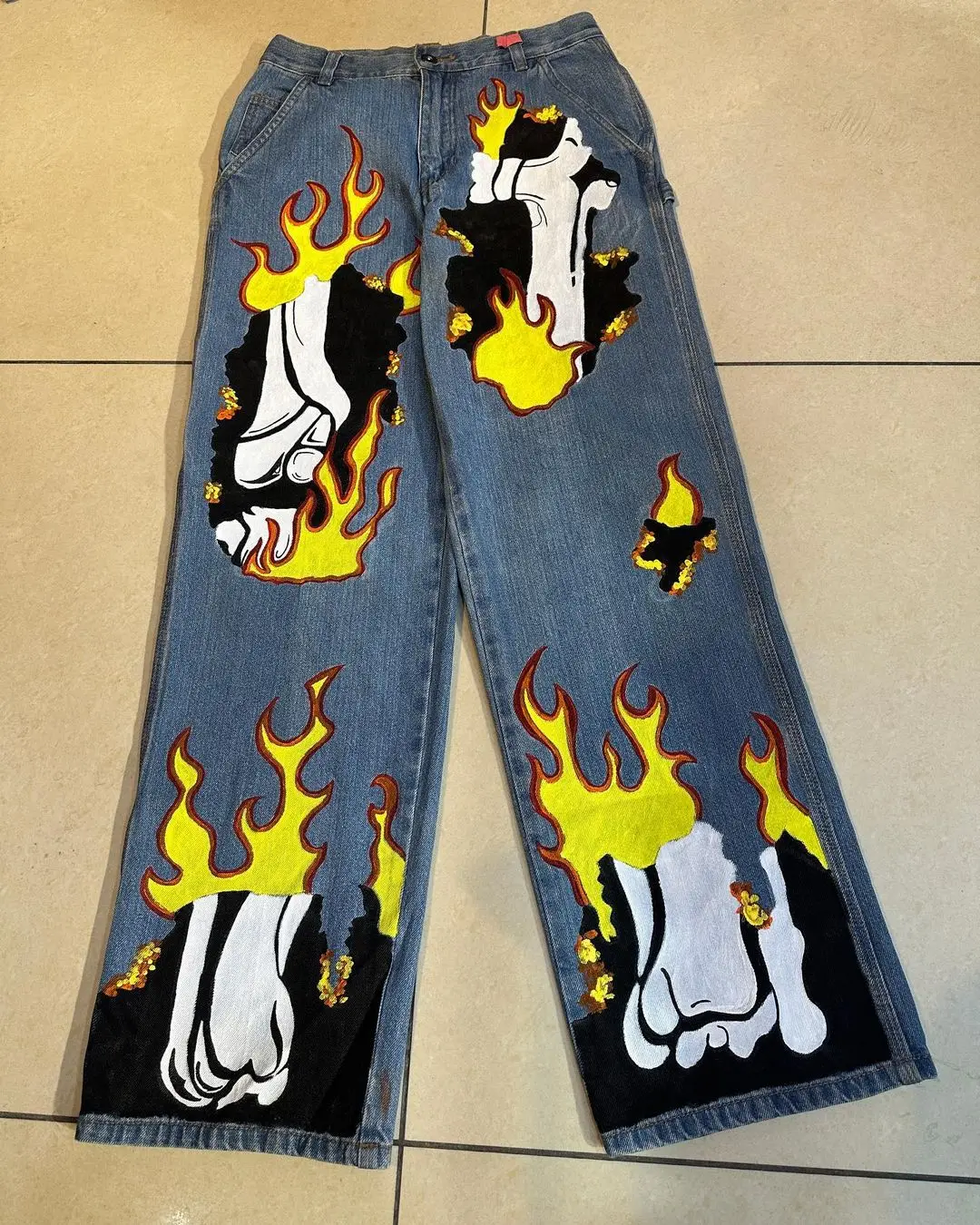 Streetwear vintage Hip Hop Y2K, Jeans Flame Skull Pattern, Rua principal, Baggy retrô, Casais Moda, Calças de basquete, Vestuário, 2021