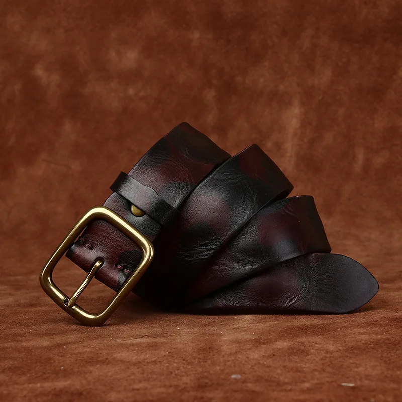 Vintage top-grain cowhide camouflage belt for men, genuine leather with copper buckle, suitable for jeans