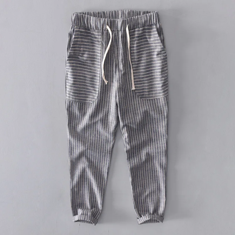 Summer New Brand Casual Pants Quality Men Striped Cotton Linen Breathable Trousers Male Hip Hop Jogger Mens Sweatpants Plus Size