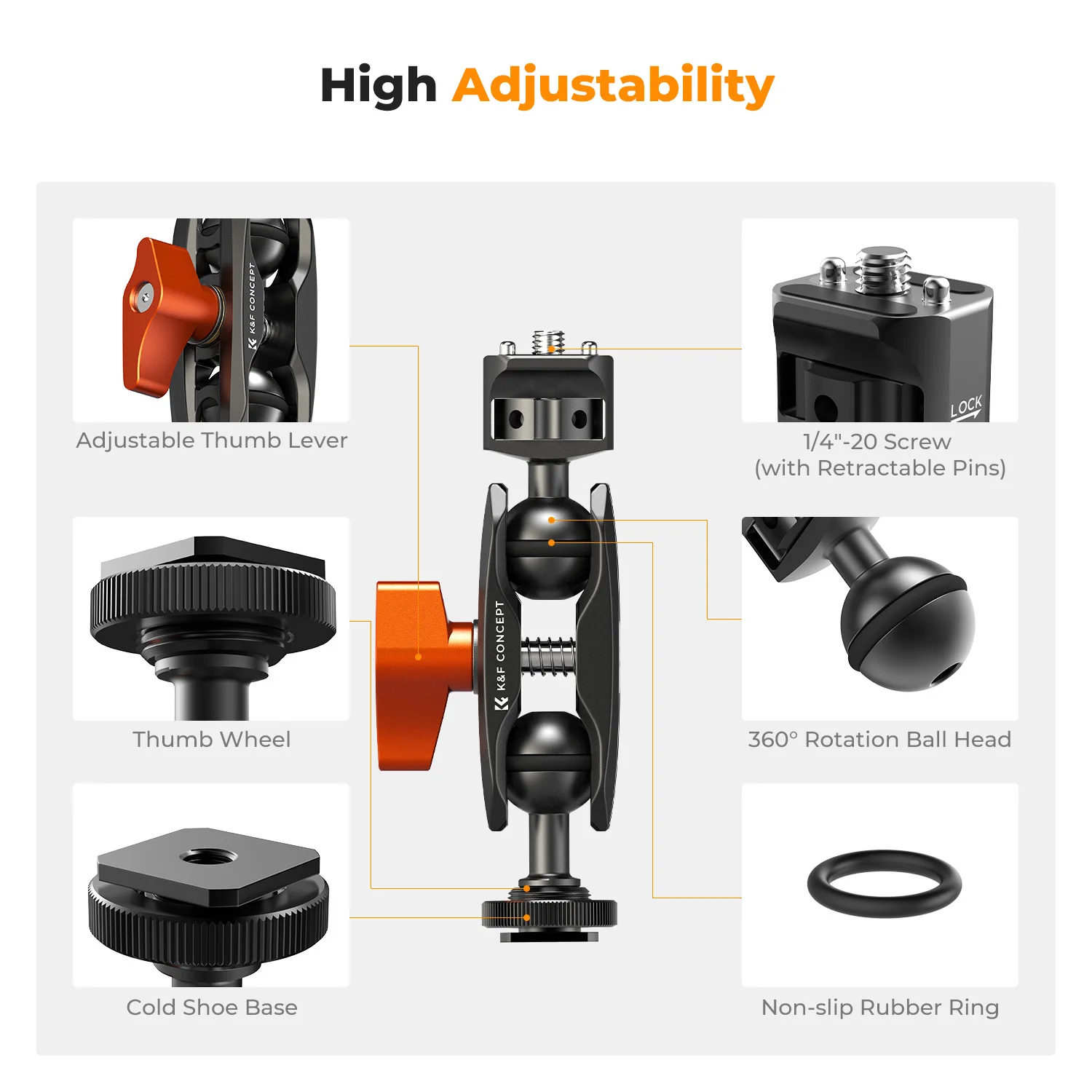 K&F Concept Magic Arm Multi-Function Double Ball Head with Cold Shoe Mount and 1/4"-20 Screw for Super Clamp Monitor LED Light