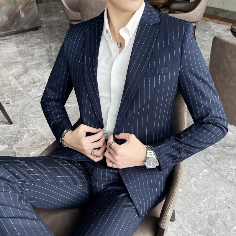 2024 Men\'s Spring and Autumn Striped Suit (suit + Trousers) Fashion Banquet All-in-one Casual Business Suit Two-piece Set  M-5XL