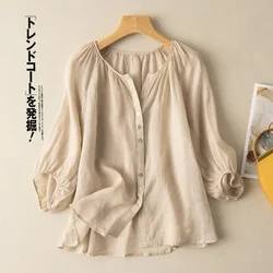 Camicia di lino da donna primavera estate manica a tre quarti Top moda coreana Retro giacca a maniche a sbuffo in cotone e lino Cardigan sciolto