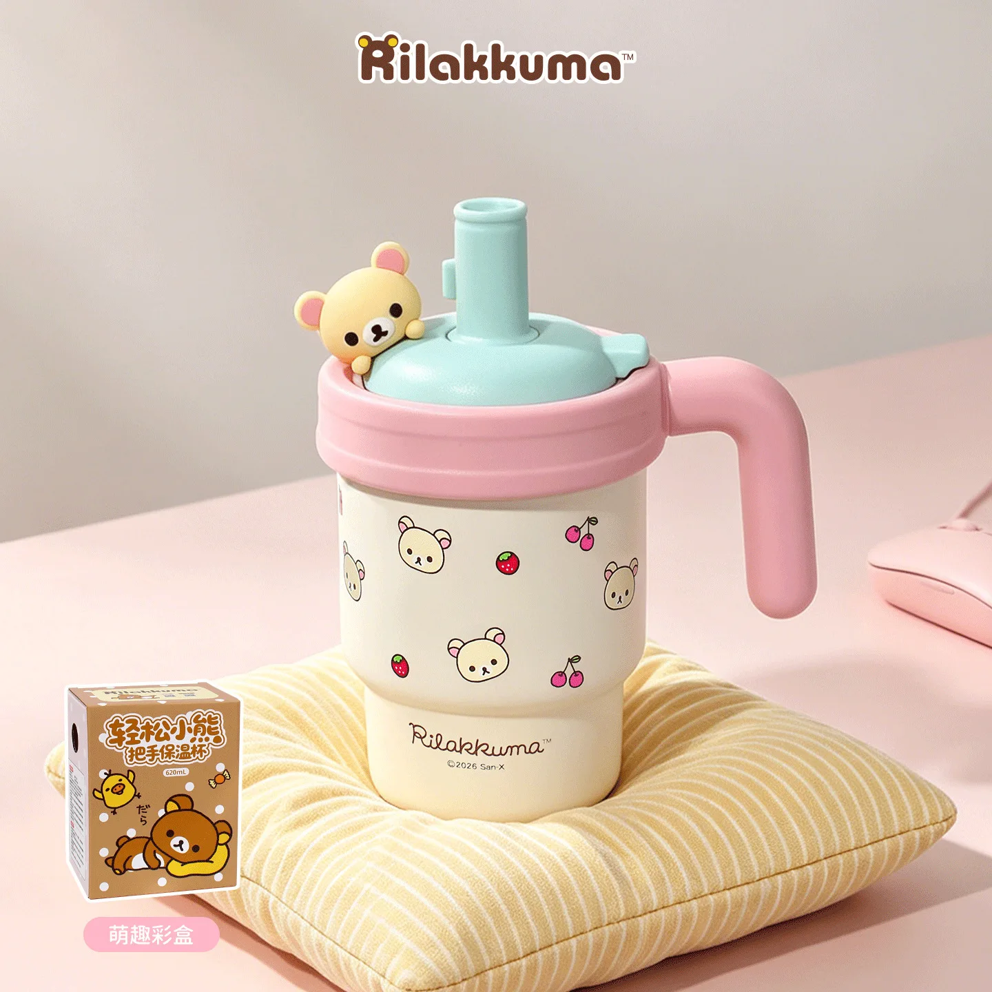 Rilakkuma Insulated Water Bottle 620ml Ceramic Liner Straw Cup Large Capacity Travel Drinking Mug For Adults