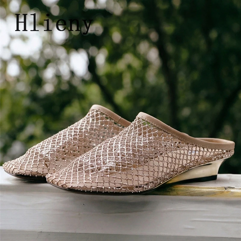 Hlieny New Fashion Hollow Crystal Rhinestone Mesh Square Toe Pumps Women Mules Shoes Summer Wedges Heels Slippers Ladies Sandals