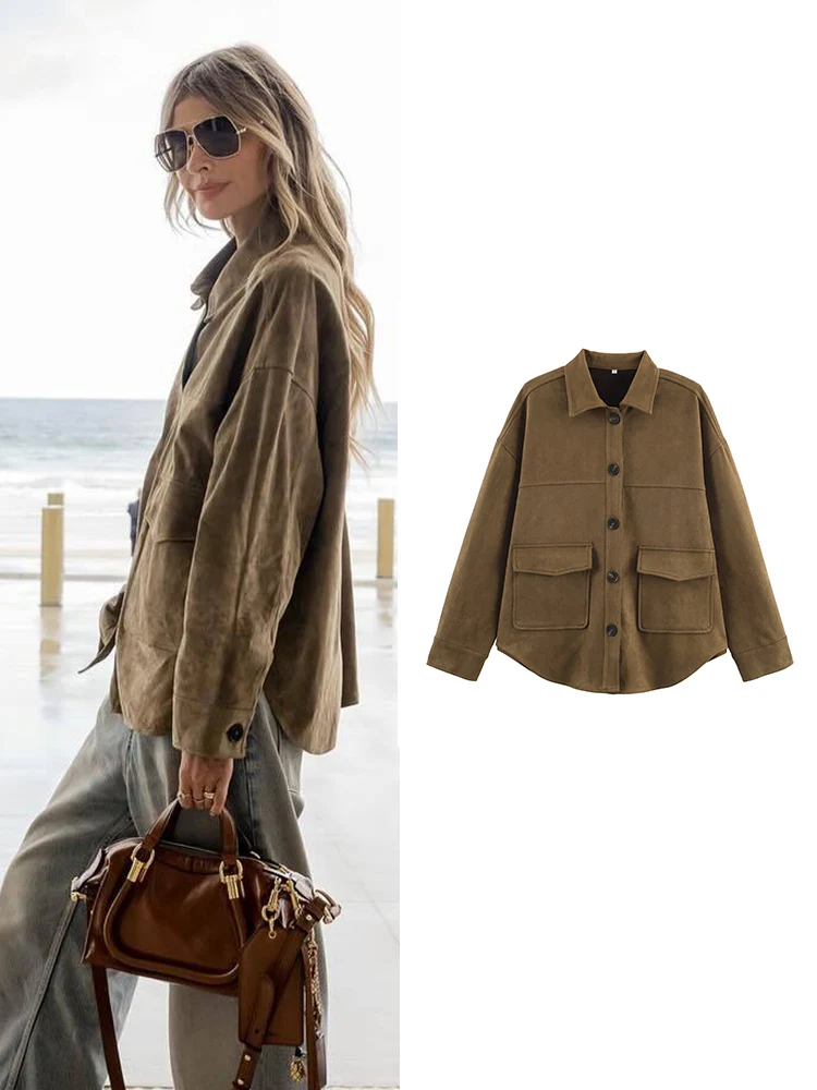 

2026 весенне-осенняя женская однобортная замшевая рубашка большого размера, пальто, повседневная свободная куртка с карманами и лацканами