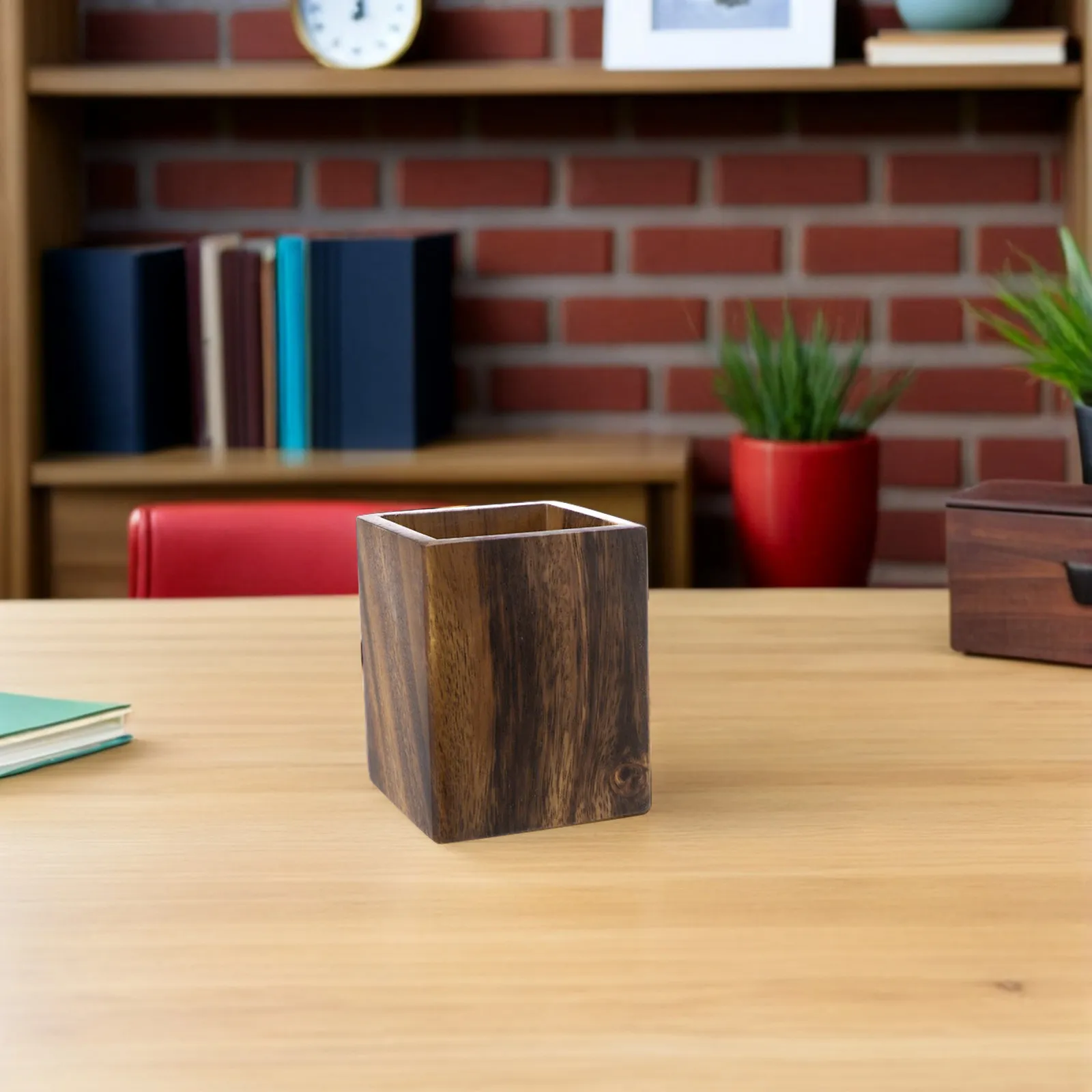 Walnut Wood Pen Holder Dark Brown Rustic Desktop Organizer For Office School Stationery Storage Cup Pencil Container