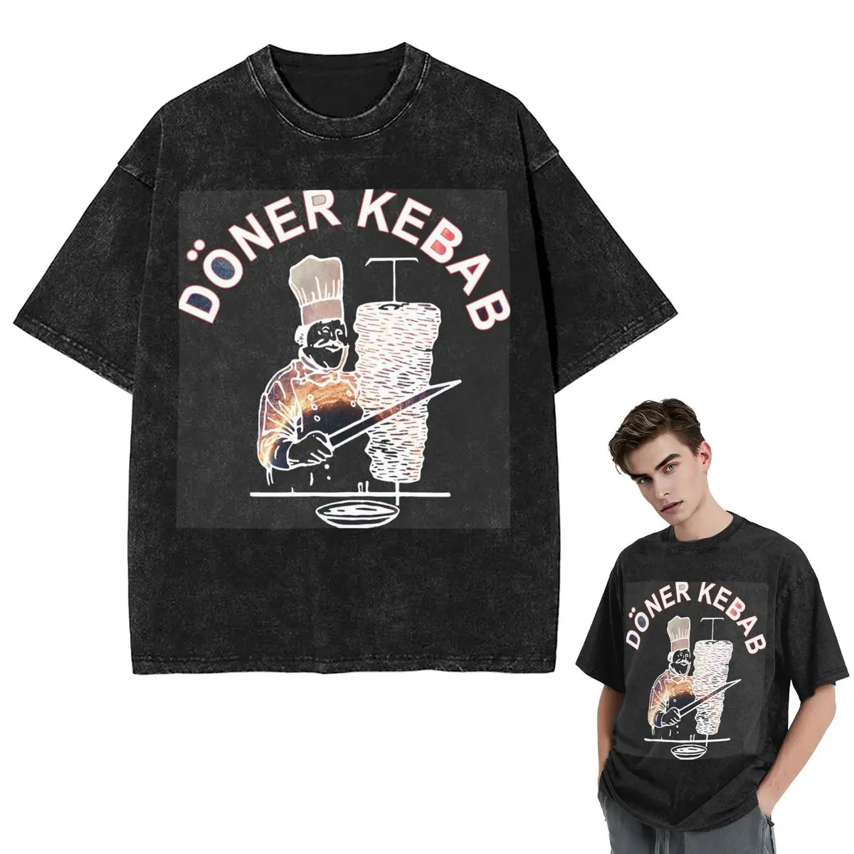 Streetwear T-Shirts Funny Doner Kebab Cartoon Washed T Shirt Short Sleeve Hip Hop T-Shirt Tops Tees for Men Women
