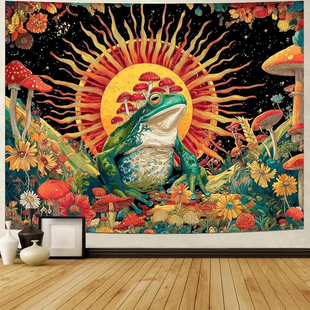 

Гобелен Blacklight Frog с неоновым эффектом, винтажный, реагирующий на УФ-излучение, с изображением грибов, галактики и космоса, настенный, эстетичный