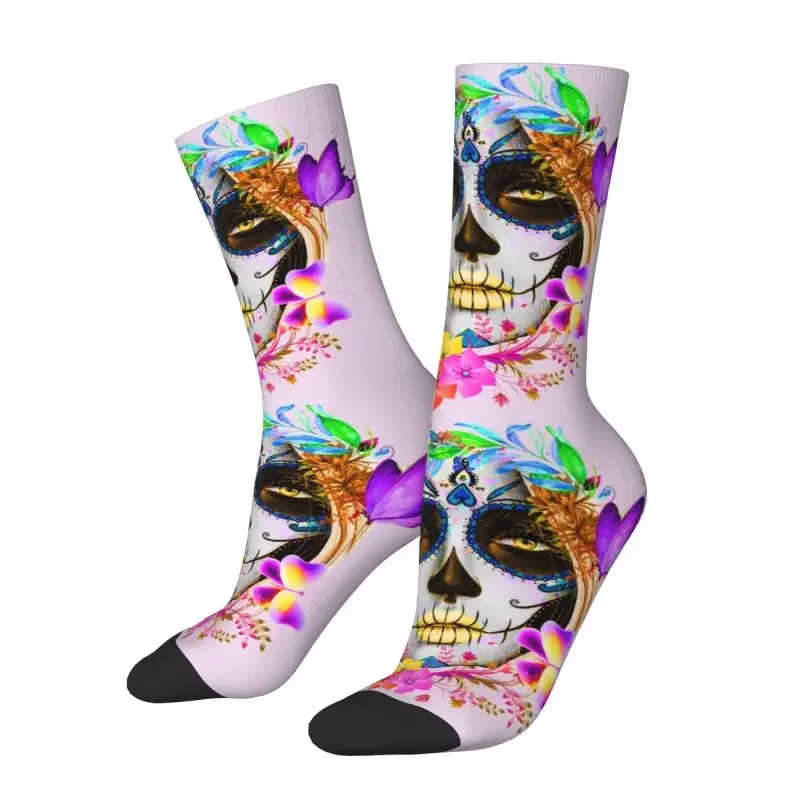 Catrina Mexican Sugar Skull Lady Dress Socks Men Women Warm Breathable Fashion Day Of The Dead Crazy Crew Socks