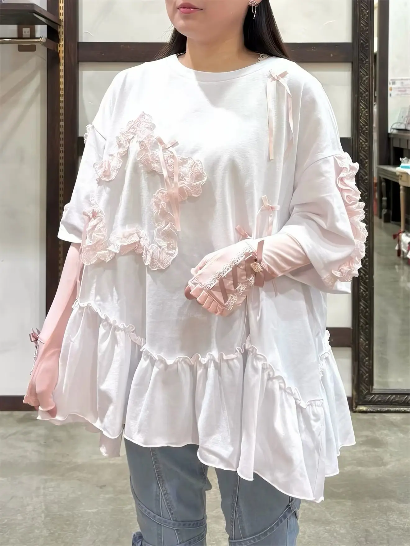 Summer Ladies Tops Sweet Casual T-shirt Femme Star Pattern Lace Crew Neck Loose Tees Japanese Style Simple Women's T-shirts