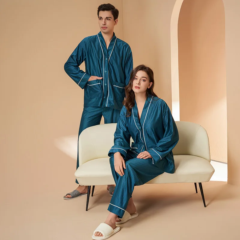 Couple Pajamas Set Women Men Silky Satin Pyjamas Spring New striped Sleepwear Korean Loose Lovers Homewear Pijamas Suit