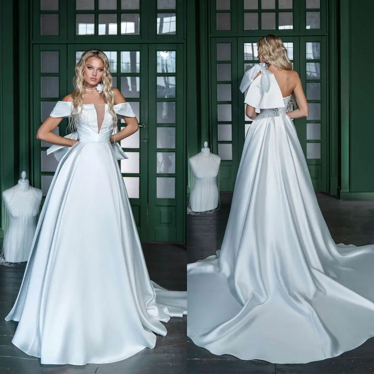

Gorgeous A Line Wedding Dress Beaded Off Shoulder Sleeveless Bride Gowns Lace Up Ruffled Sweep Train Bridal Dresses