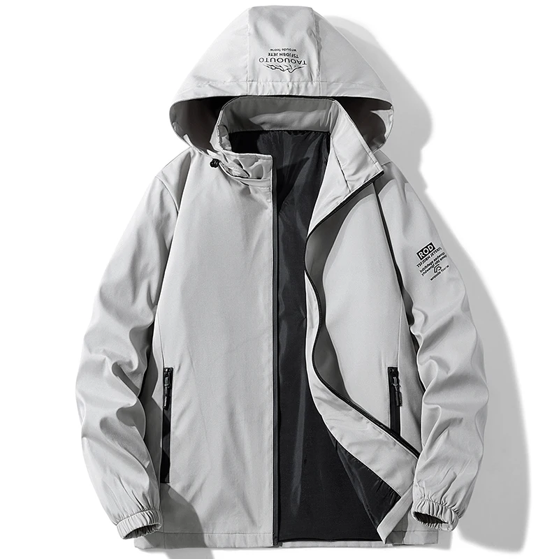 Men‘s Letter Print Windbreaker with Detachable Hood Casual Jacket for Streetwear Spring Fashion Lightweight Coat Daily Wear