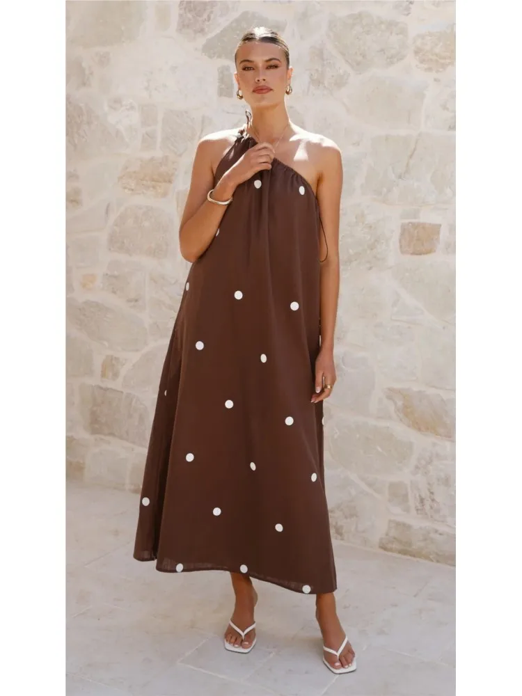 New Polka-dot Printed Off-shoulder Lace-up Loose Long Dresses Women Summer Casual Slant Collar Sleeveless Holiday Party Dress