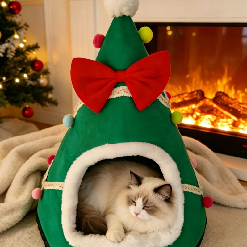 Christmas Tree Shape Pet Bed Warm Plush Cat House with Bow Knot Decoration Winter Cozy Nest for Cats Small Dogs Holiday Gift