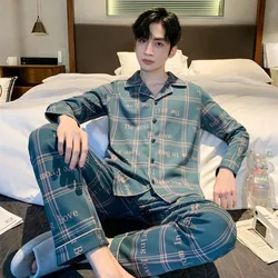 Cotton Spring Autumn Men Pajamas Long Sleeve Single Breasted Nightgown Simple Loose Casual Nightdress Plaid Printed Sleepwear