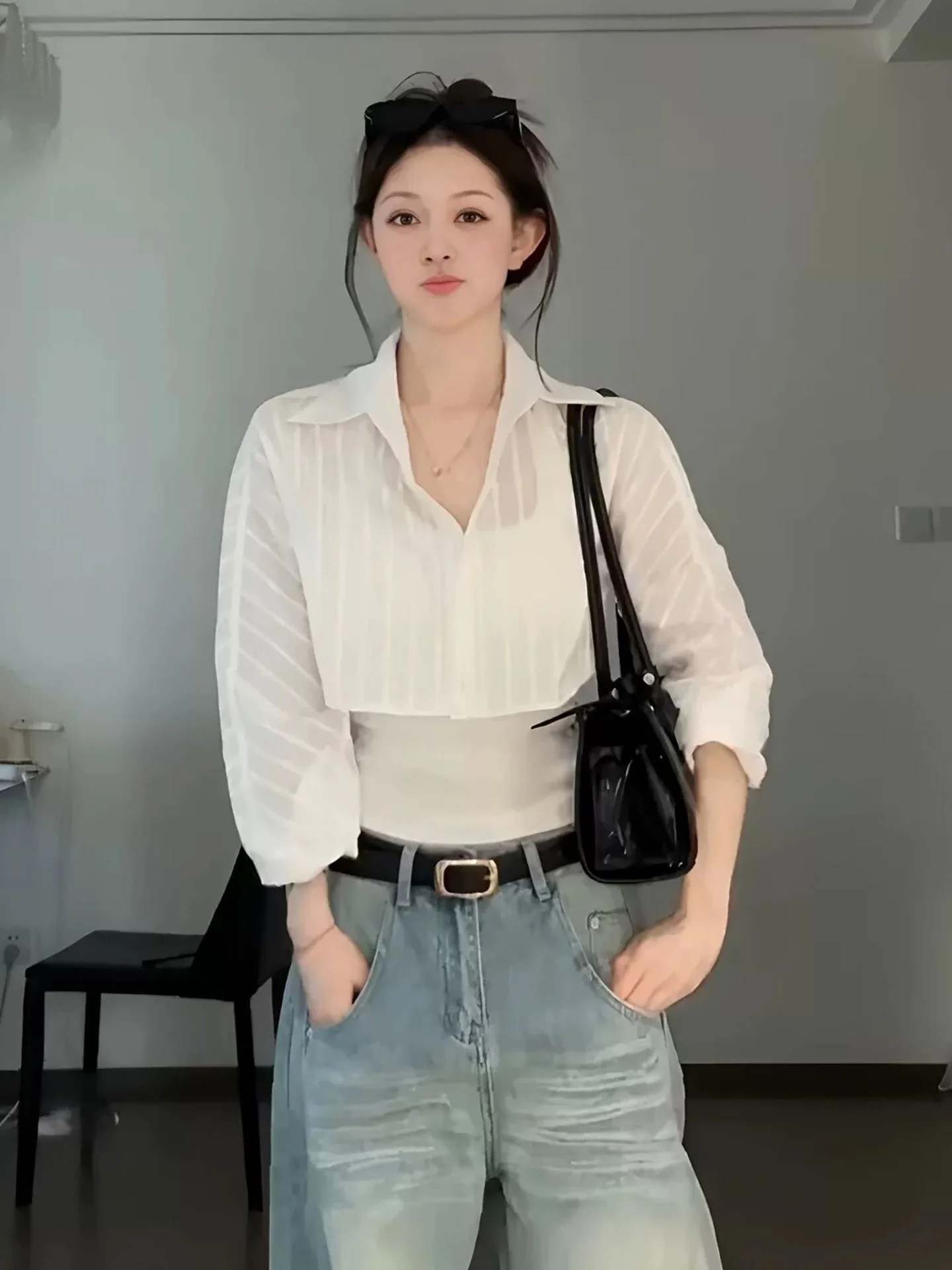 Camisa Blanca de Manga Larga con Cuello y Protección Solar para Mujer, Diseño Corto y Delgado, Top Elegante de Verano, Conjunto de Moda