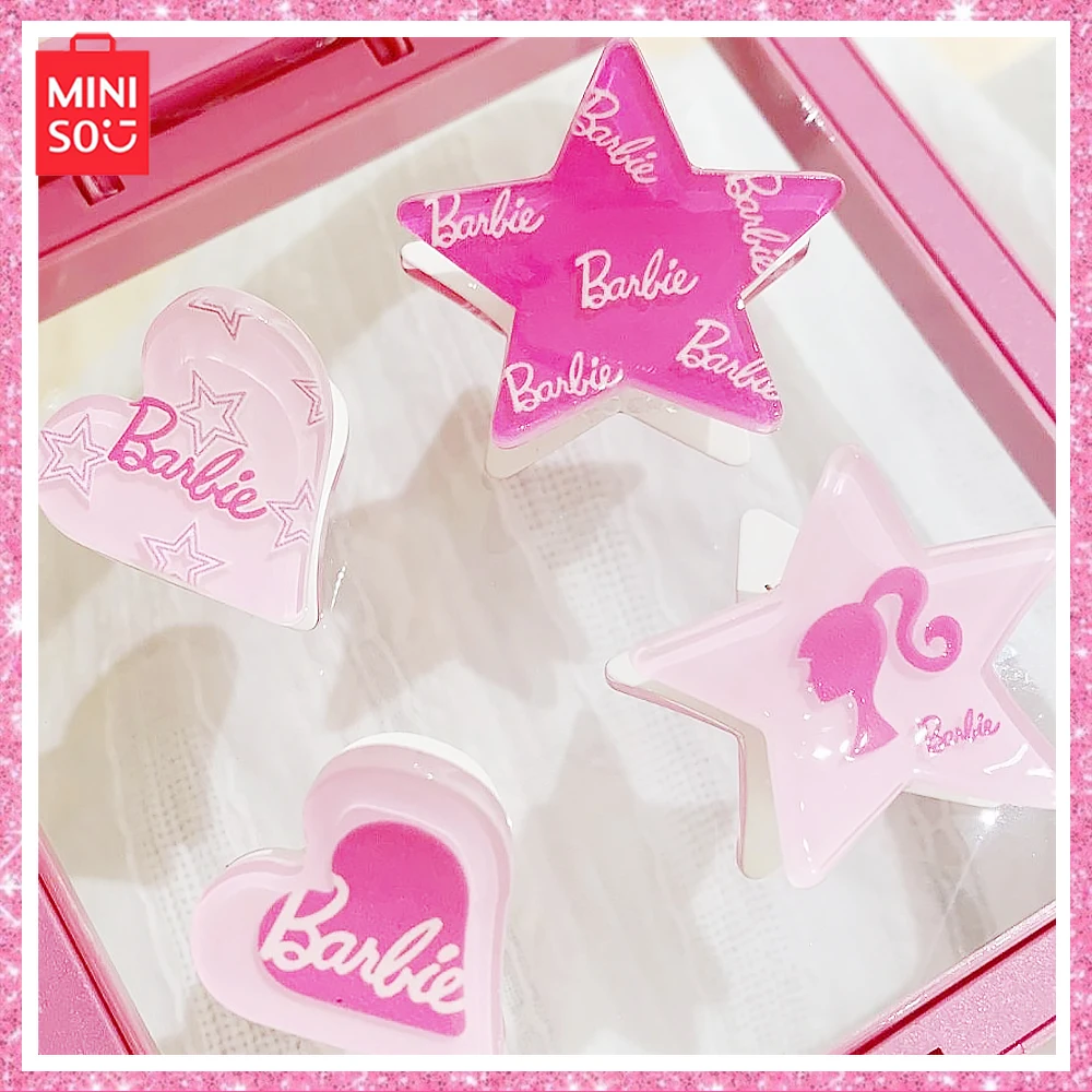 Miniso Barbie Y2K Cute Pink Star Letter Acrylic Heart-Shaped Clasp Five Point Star Compact Hairpin Girl Kid Bang Hair Clip Gift