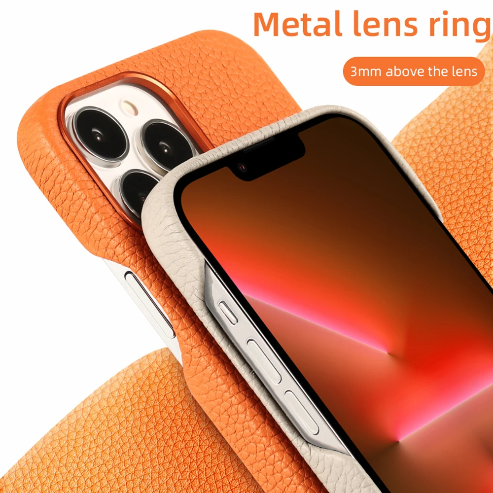 Natural Cowhide Lychee Leather for Magsafe Case for iPhone 13 Pro Max 13Pro 13 Mini Magnetic Luxury Metal Frame Phone Back Cover