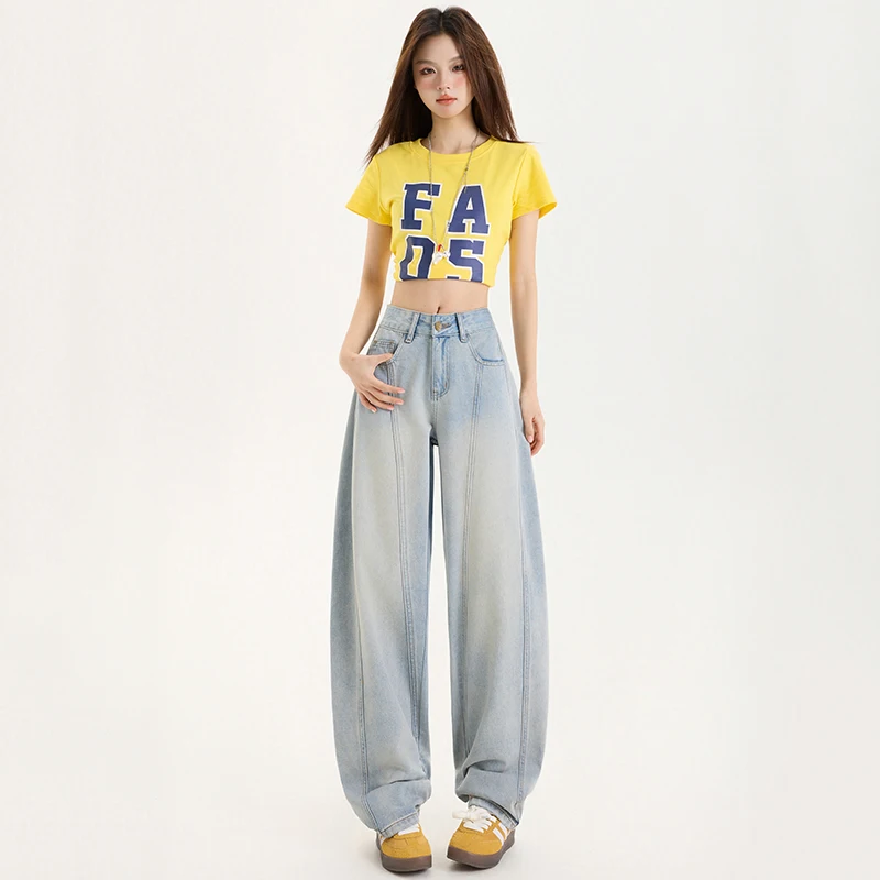 

Y2k Свободный крой с высокой талией Прямые женские джинсы для девочек Удобные эластичные джинсовые брюки Модная модная повседневная одежда