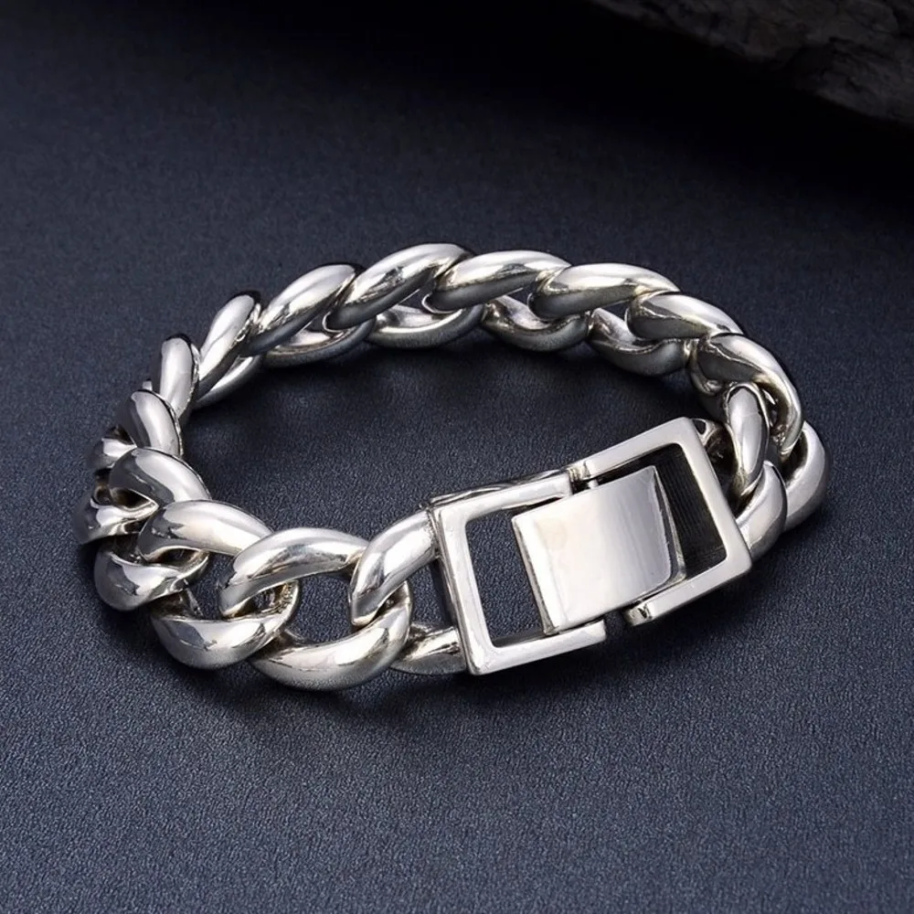 Real Solid 925 Sterling Silver Chain Men Lucky 16mm Wide Cuban Curb Link Bracelet 102g/20cm