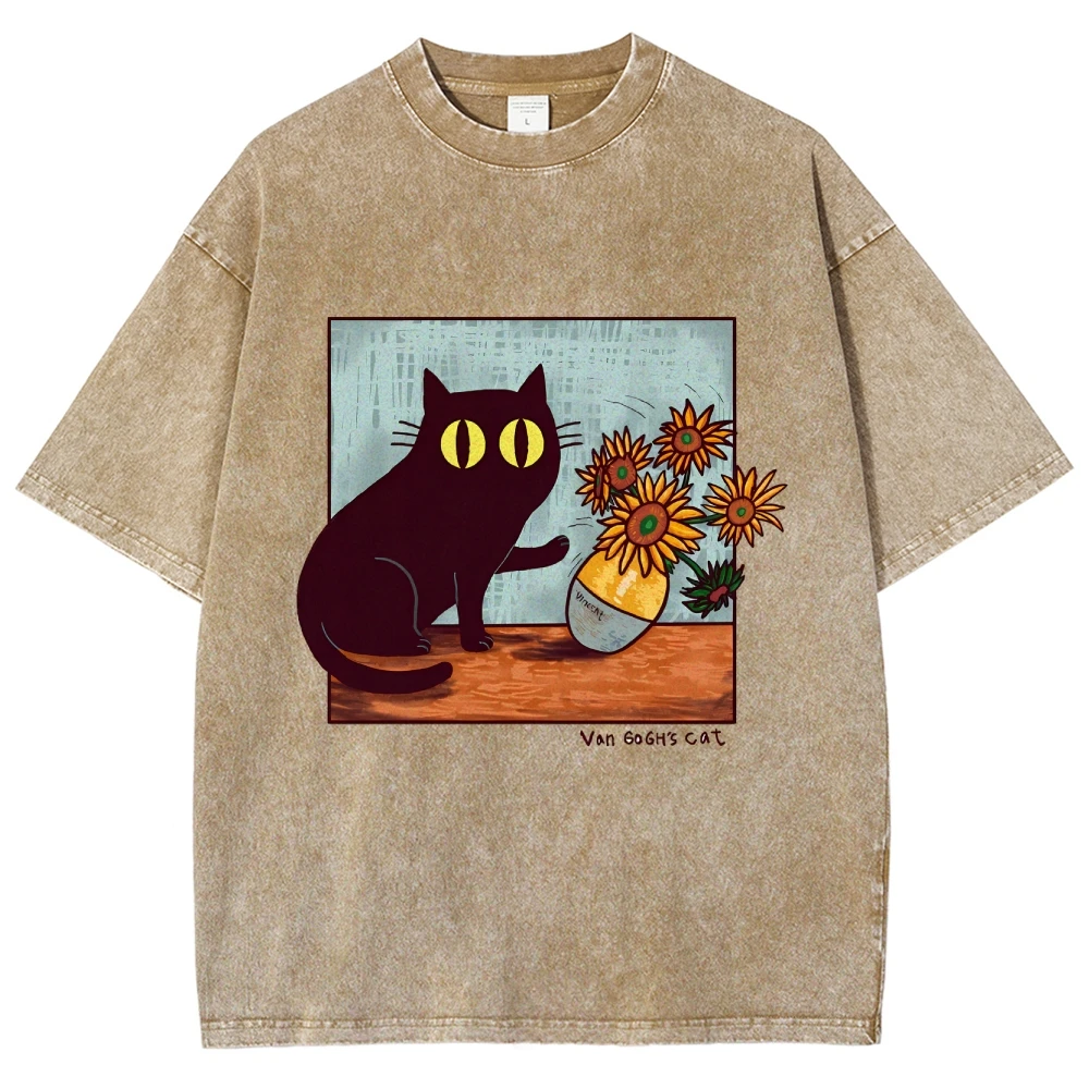 Cartoon Kitten Chrysanthemum Vase Print T-Shirt Round Neck Washed Shoulder Designer 2025 New Trendy Fashion Short Sleeves image 2