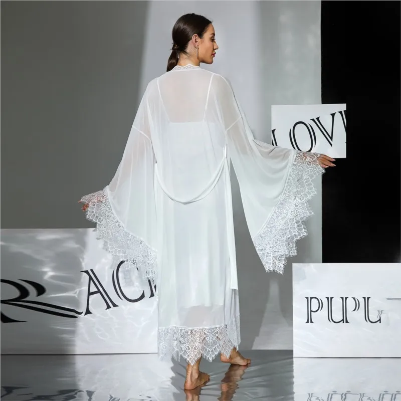 Sexy Long Twinset Robe Set Female Sleepwear Perspective Mesh Flare Sleeve Bathrobe Nightgown Summer New Home Dress Lingerie