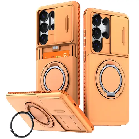Armor Case For Samsung Galaxy S26 S25 S24 S23 S22 Ultra Plus S25FE S24FE Slide Camera Protect Ring Holder With Card Cover Funda